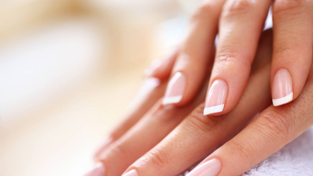 Manos con uñas bien cuidadas y esmalte francés en primer plano.